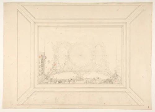 Design for a ceiling decorated with trellis work and a trompe l'oeil balustrade by Jules-Edmond-Charles Lachaise, drawing, 1850-1900