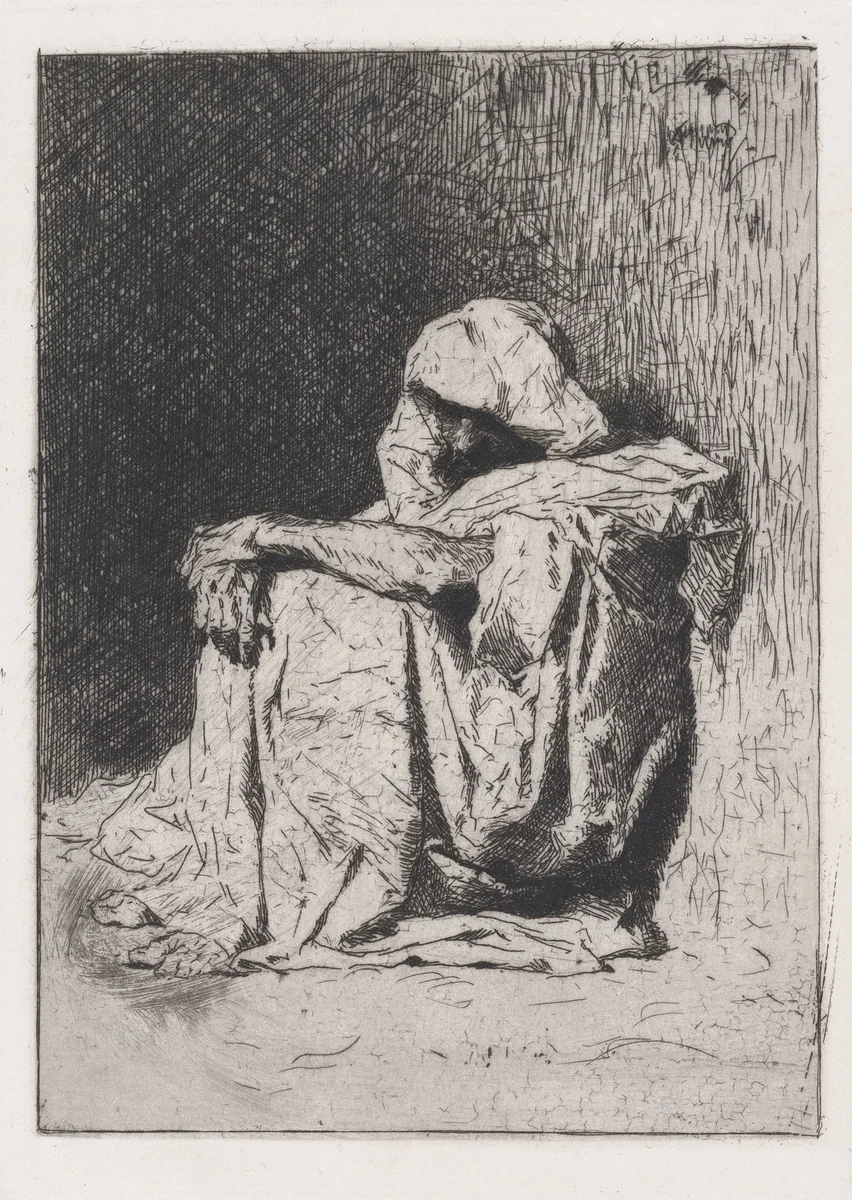 An Arabic man seated on the ground, head partly covered by Mariano Fortuny, print, 1860-1862