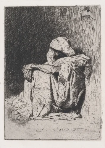 An Arabic man seated on the ground, head partly covered by Mariano Fortuny, print, 1860-1862