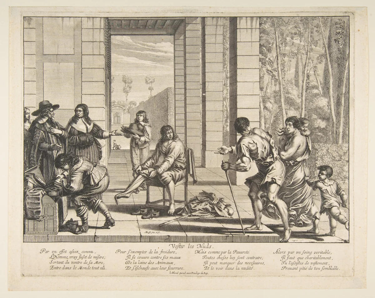 Clothing Beggars (Vêtir les nus) by Abraham Bosse, print, 1602-1676