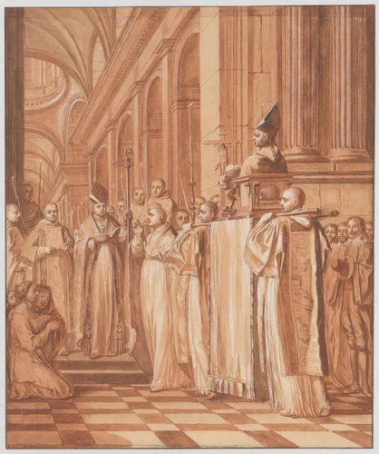 Scene 36: Reception of the heart and head of the Blessed Father Dom Jean de la Barrière, brought from Rome to his Abbey of Feuillants in 1626, where they are carefully preserved along with other relics of the Holy Abbot by Matthieu Elias, drawing, 1706-1707