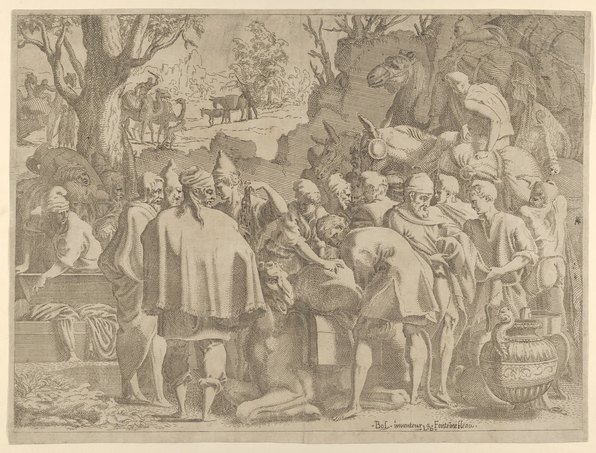 Men Gathered Around a Camel by Léon Davent, print, 1540-1556