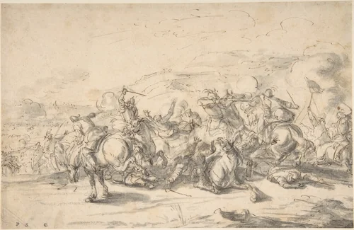 Battle Scene: a Cavalry Engagement by Jacques Courtois, drawing, 1635-1676