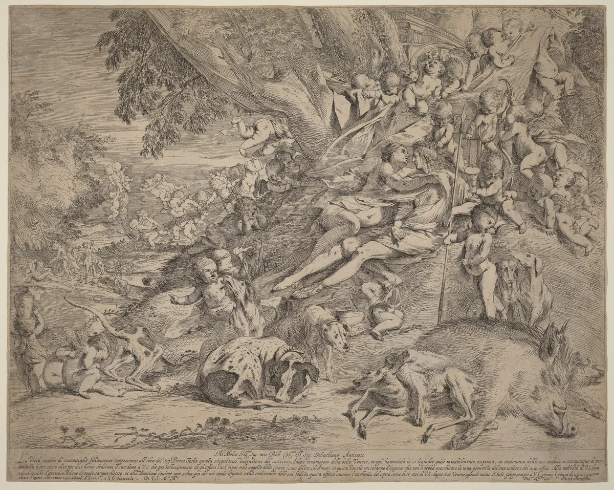 Venus and Adonis by Pietro Testa, print, 1631-1637