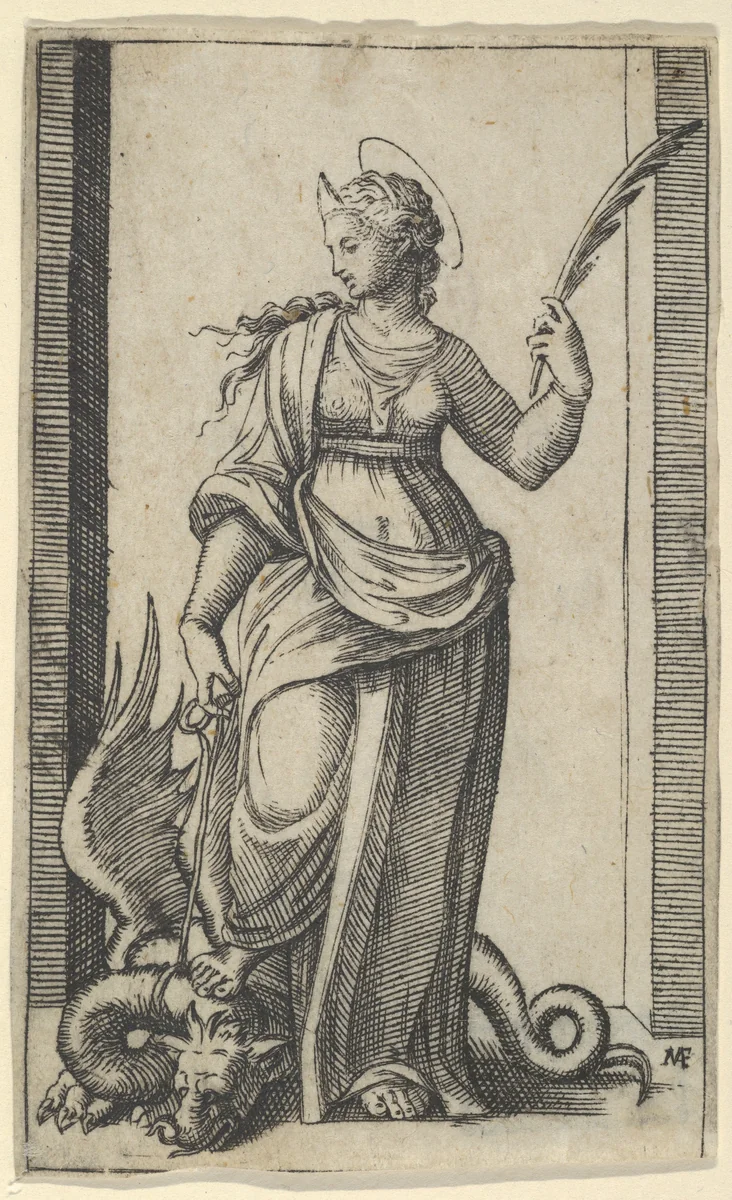Saint Margaret standing, a dragon at the left, from "Piccoli Santi" (Small Saints) by Marcantonio Raimondi, print, 1495-1532