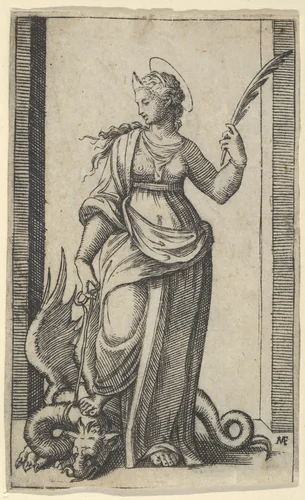 Saint Margaret standing, a dragon at the left, from "Piccoli Santi" (Small Saints) by Marcantonio Raimondi, print, 1495-1532