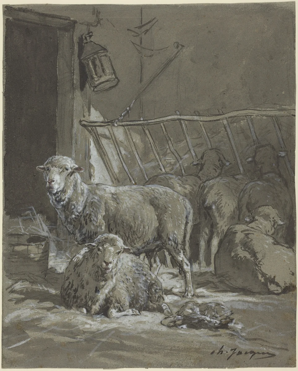 Sheep in a Manger by Charles Émile Jacque, drawing, 1813-1894