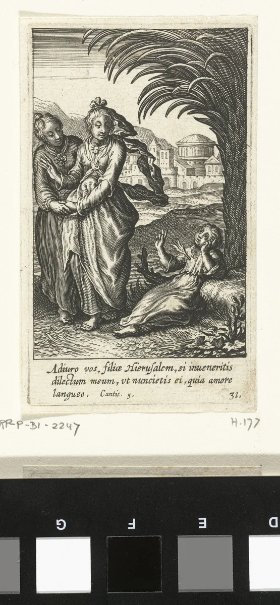 Twee vrouwen bij kind met pijl in borst by Boëtius Adamsz. Bolswert, print, 1590-1624