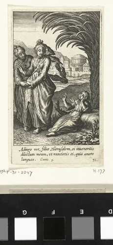 Twee vrouwen bij kind met pijl in borst by Boëtius Adamsz. Bolswert, print, 1590-1624