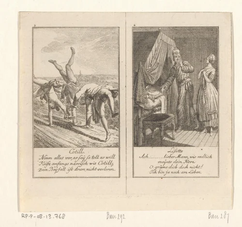 Twee scènes uit Gellert's Fabelen by Daniel Nikolaus Chodowiecki, print, 1776