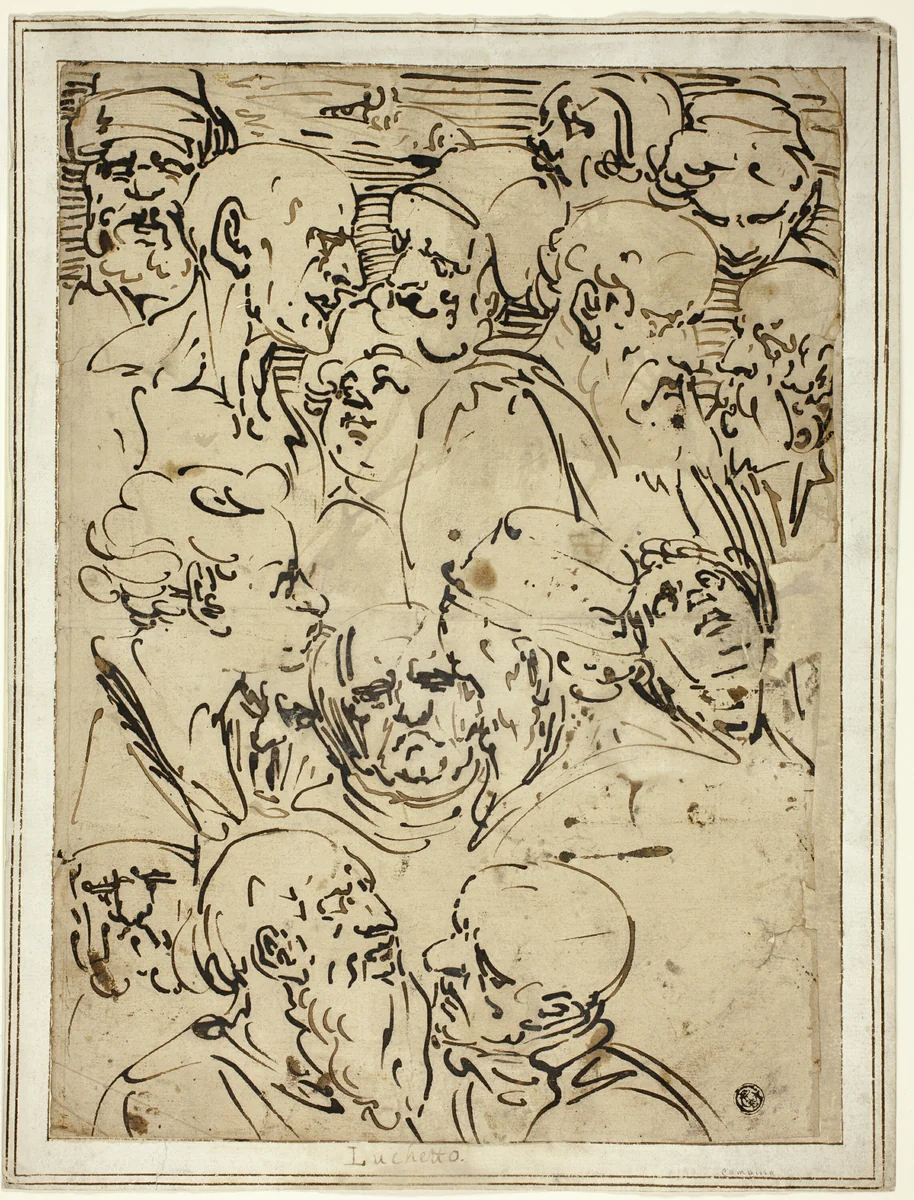 Sketches of Heads by Luca Cambiaso, drawing, 1563-1567