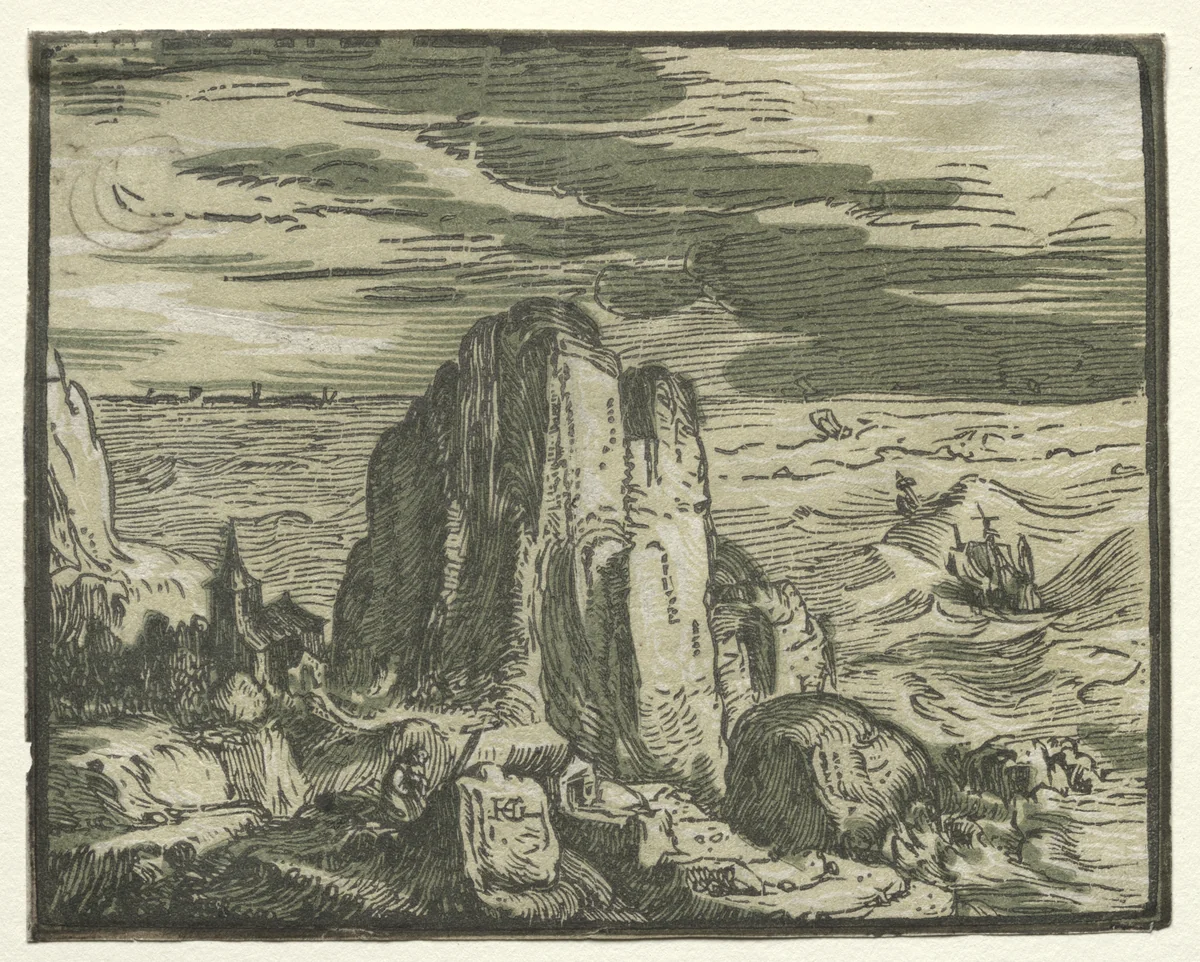 Four Small Landscapes: No. 4, Cliff on the Seashore by Hendrick Goltzius, print, 1595-1605