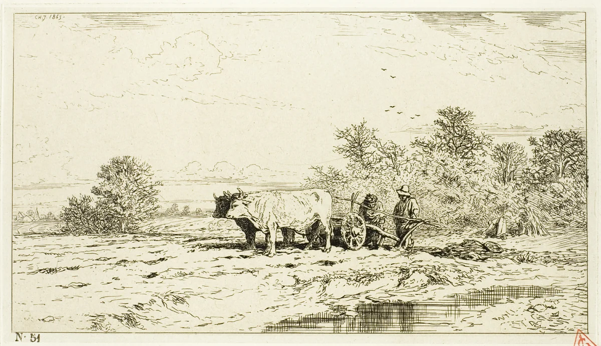 Landscape with Farm Laborers by Charles-Émile Jacque, print, 1845