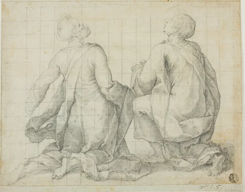 Two Kneeling Male Saints by Unknown Cremonese, drawing, 1580-1599