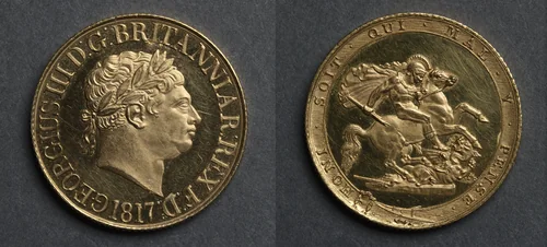 Sovereign: George III (obverse); St. George and the Dragon (reverse) by Benedetto Pistrucci, metalwork, 1817