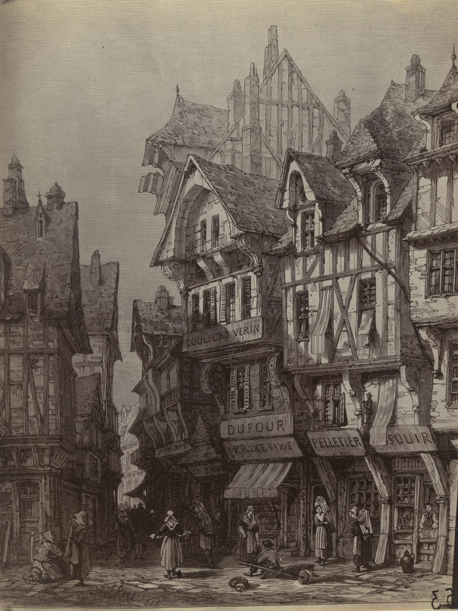 Rouen Vers 1820 (reproduction of print) by Eugène Atget, photograph, 1907