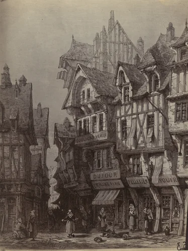 Rouen Vers 1820 (reproduction of print) by Eugène Atget, photograph, 1907