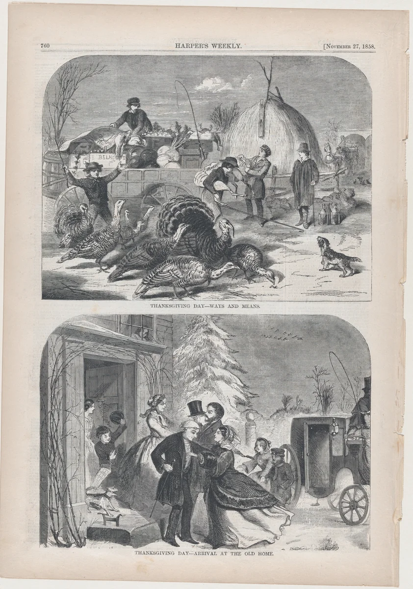 Thanksgiving Day – Arrival At the Old Home (from "Harper's Weekly," Vol. II) by Winslow Homer, print, 1858