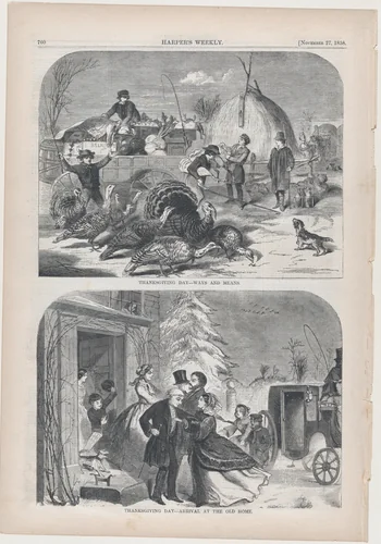 Thanksgiving Day – Arrival At the Old Home (from "Harper's Weekly," Vol. II) by Winslow Homer, print, 1858