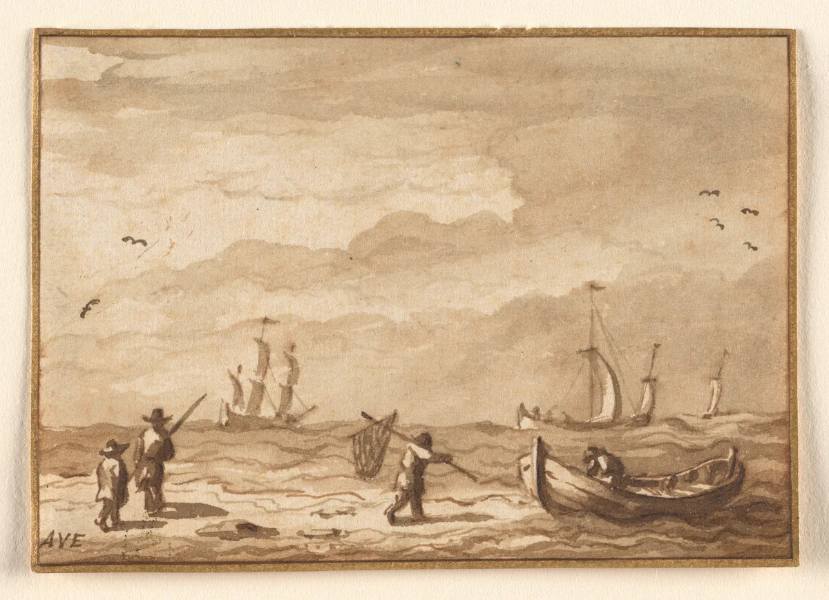 Fishing Boats and a Man with a Net by Allart van Everdingen, drawing, 1638-1678