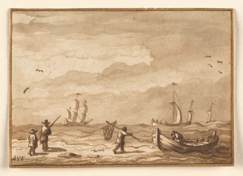 Fishing Boats and a Man with a Net by Allart van Everdingen, drawing, 1638-1678