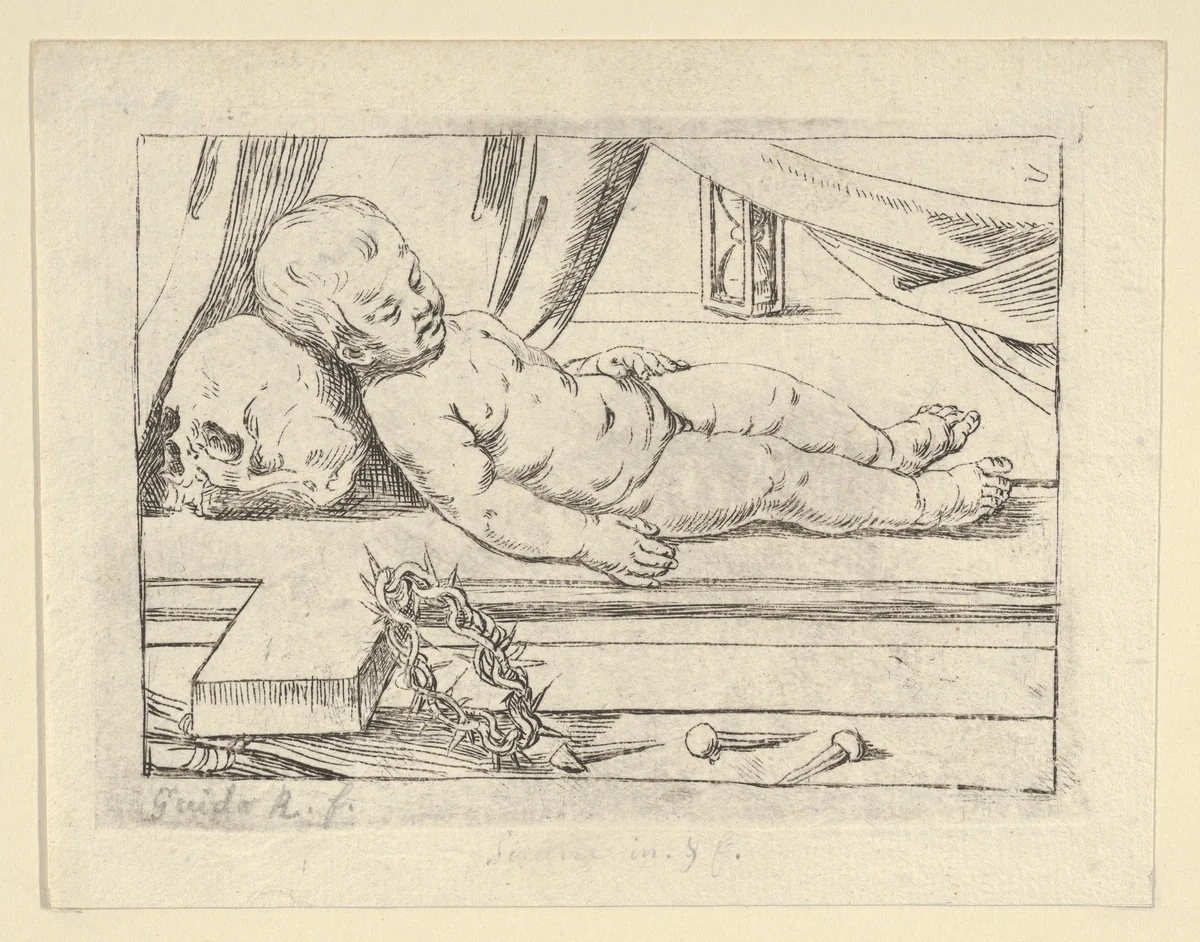 The infant Christ asleep on a cross, his head resting on a skull, a crown of thorns and nails in the foreground by anonymous, print, 1600-1699