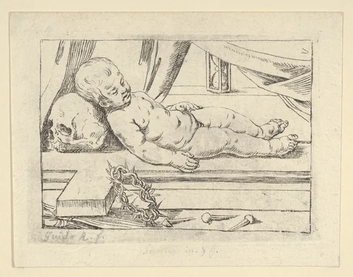 The infant Christ asleep on a cross, his head resting on a skull, a crown of thorns and nails in the foreground by anonymous, print, 1600-1699