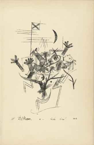 You Strong One, O-Oh Oh You! (plate facing page 46) from Potsdamer Platz oder Die Nächte des neuen Messias. Ekstatische Visionen (Potsdamer Platz or The Nights of the New Messiah. Ecstatic Visions) by Paul Klee, illustrated book, 1919