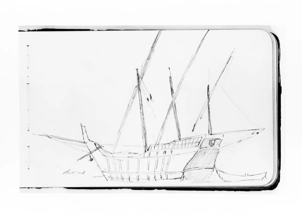 Ship Study for the Landing of Columbus (from Sketchbook) by Albert Bierstadt, artwork, 1891