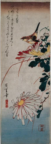 Wren and Chrysanthemums by Utagawa Hiroshige (歌川広重), print, 1834-1836