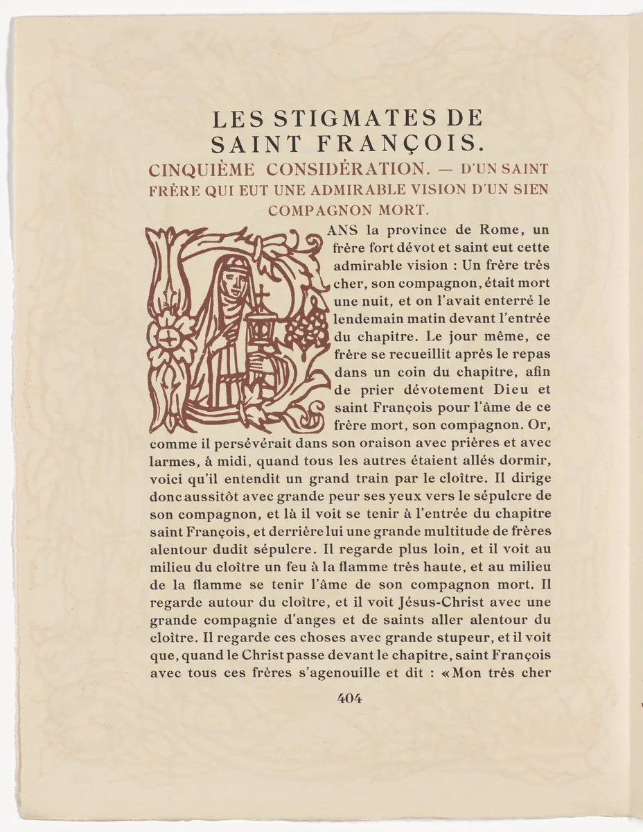 Pictorial initial (page 404) from Les Petites Fleurs de St. François (The Little Flowers of St. Francis) by Émile Bernard, illustrated book, 1928