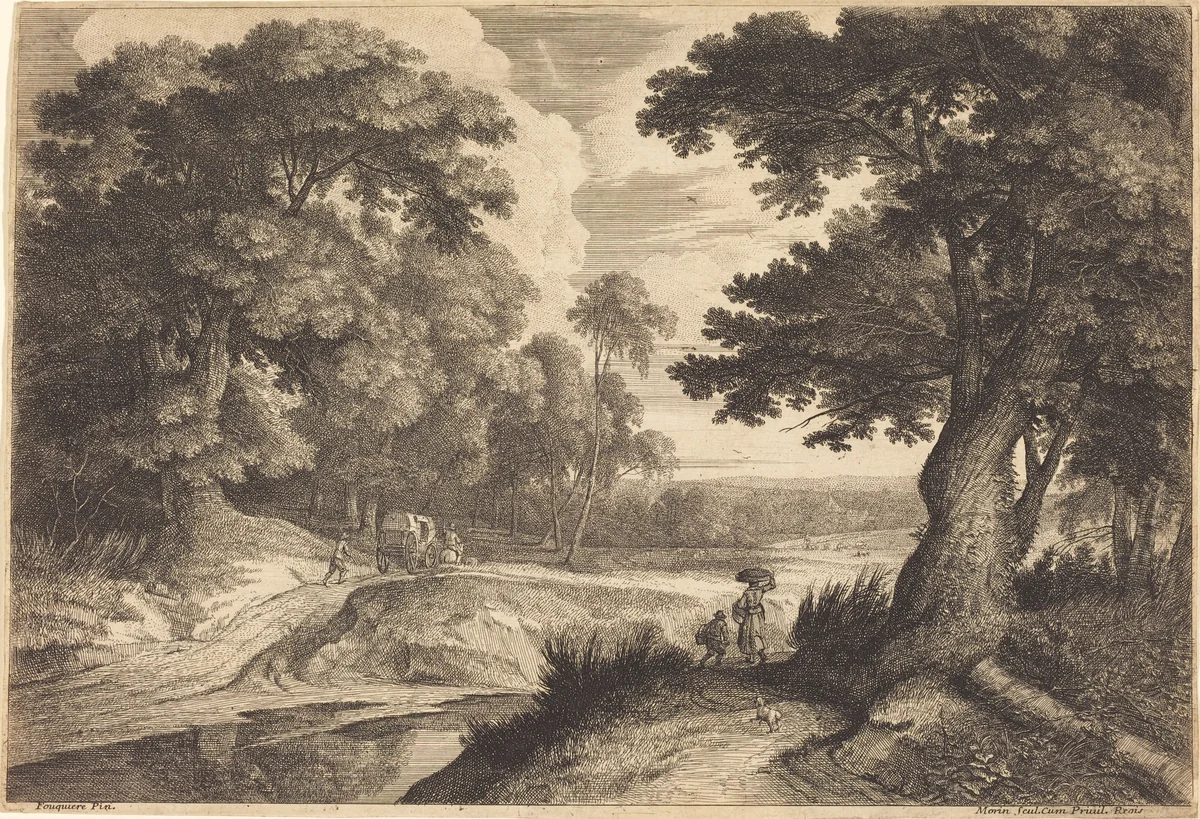 Edge of a Wood with Peasants Going to Market by Jean Morin; Jacques Fouquières, print, 1600-1650