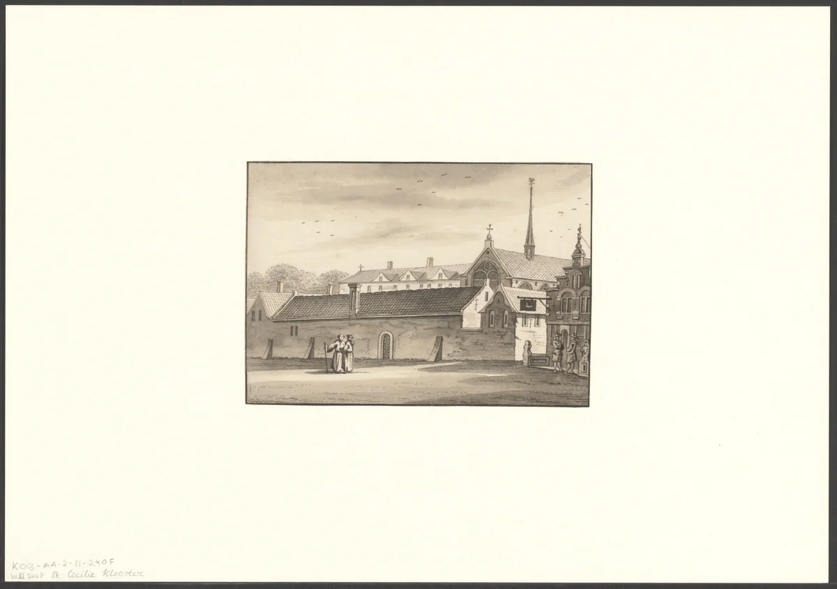 Gezicht op de Oudezijds Achterburgwal gezien naar het Sint Ceciliaklooster by anonymous, drawing, 1700-1799