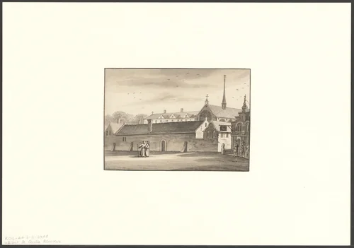 Gezicht op de Oudezijds Achterburgwal gezien naar het Sint Ceciliaklooster by anonymous, drawing, 1700-1799