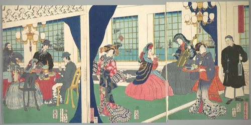 Foreigners in the Drawing Room of Foreign Merchant's House in Yokohama by Utagawa Sadahide, print, 1861