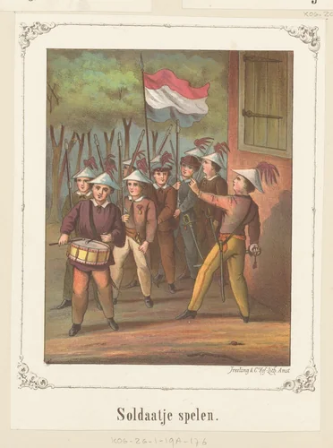 Kinderen spelen soldaat by anonymous, print, 1858-1919