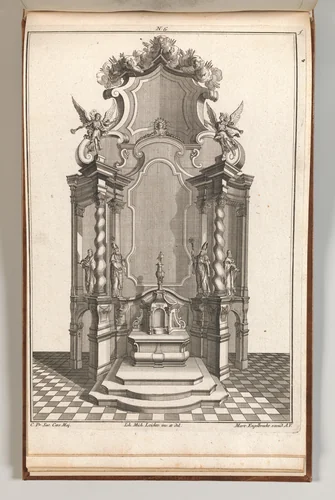 Design for a Monumental Altar, Plate f from 'Unterschiedliche Neu Inventierte Altäre mit darzu gehörigen Profillen u. Grundrißen.' by Johann Michael Leüchte, book, 1745-1755