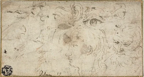Sketches of Heads, Eyes, Ear, and Mouth by Jacopo Negretti, drawing, 1600-1611
