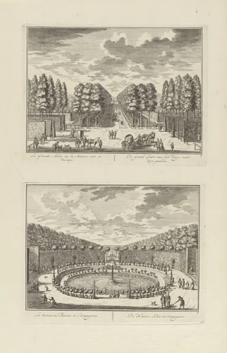 Grote laan van Slot Zeist naar het dorp / De kom bij Slot Zeist by Daniël Stopendaal, print, 1682-1726