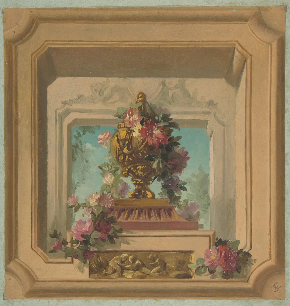 Trompe l'oeil design for a ceiling by Jules-Edmond-Charles Lachaise, drawing, 1850-1900