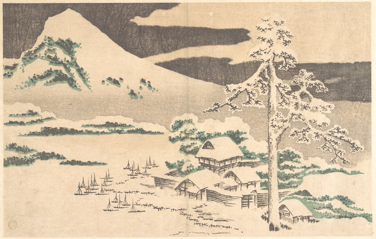 Seaside Village in Winter, from Hokusai’s Album of Realistic Pictures (Hokusai shashin gafu) by Katsushika Hokusai (葛飾 北斎), print, 1814
