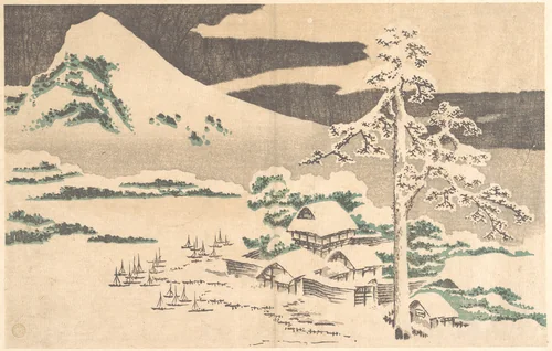 Seaside Village in Winter, from Hokusai’s Album of Realistic Pictures (Hokusai shashin gafu) by Katsushika Hokusai (葛飾 北斎), print, 1814