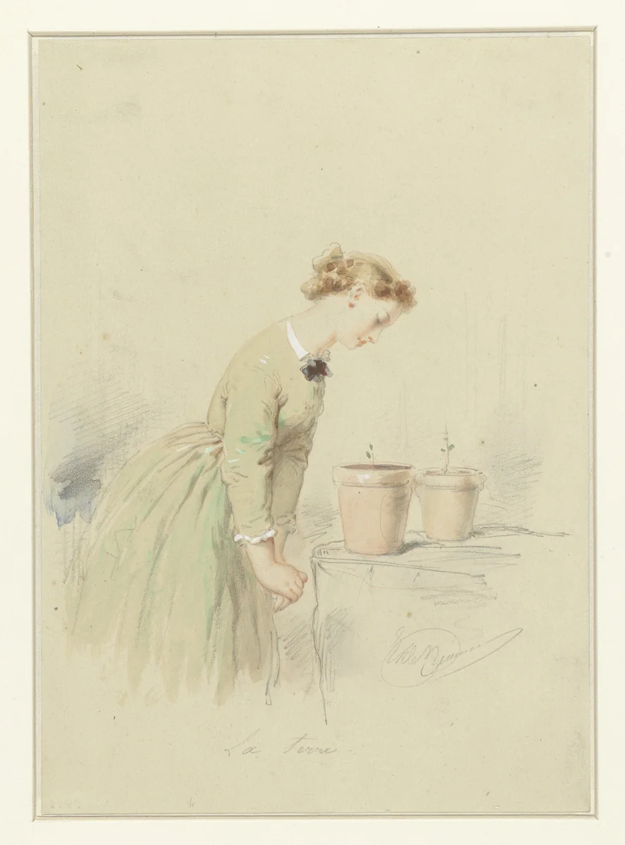 Jonge vrouw bekijkt twee kleine plantjes in bloempotten op een tafel by Edouard de Beaumont, drawing, 1822-1888