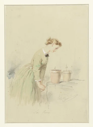 Jonge vrouw bekijkt twee kleine plantjes in bloempotten op een tafel by Edouard de Beaumont, drawing, 1822-1888