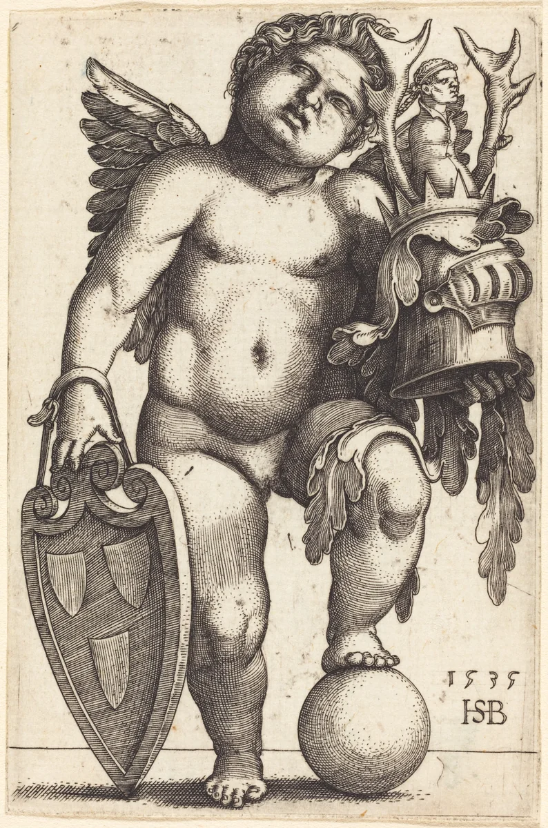 Female Genius Holding a Coat of Arms by Sebald Beham, print, 1535
