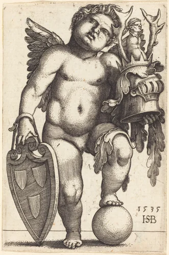 Female Genius Holding a Coat of Arms by Sebald Beham, print, 1535