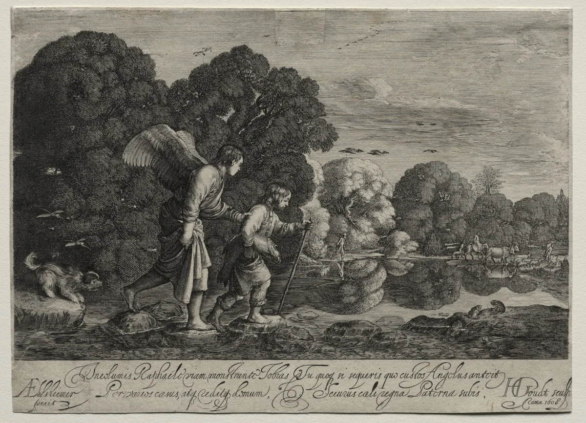 Tobias and the Angel (small plate) by Hendrik Goudt, print, 1603-1613
