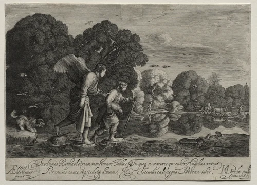 Tobias and the Angel (small plate) by Hendrik Goudt, print, 1603-1613