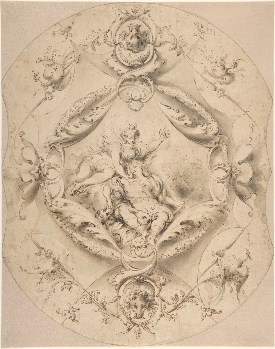 Ornamental Design with Diana and Endymion in a Central Cartouche by Jacob Denys, drawing, 1655-1710