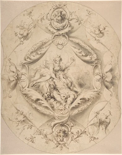 Ornamental Design with Diana and Endymion in a Central Cartouche by Jacob Denys, drawing, 1655-1710